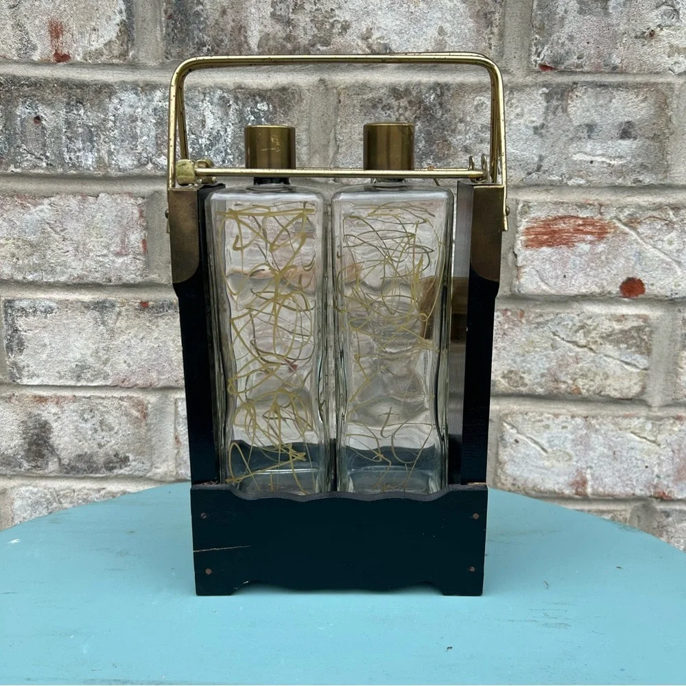Vintage Mid Century English Bar Set Wood Brass Glass Bottles